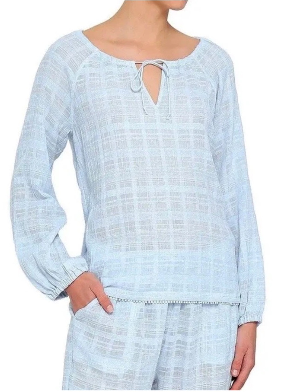 NWT Skin Worldwide Cotton Pajama Sleep Top Blue Gauze Tie Neck Medium